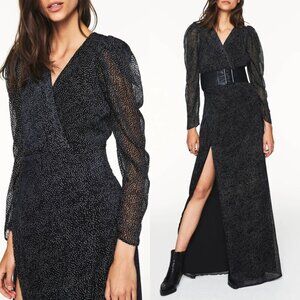 NWT ba&sh Charlie Silk Velvet Polka Dot Long Dress Black XS